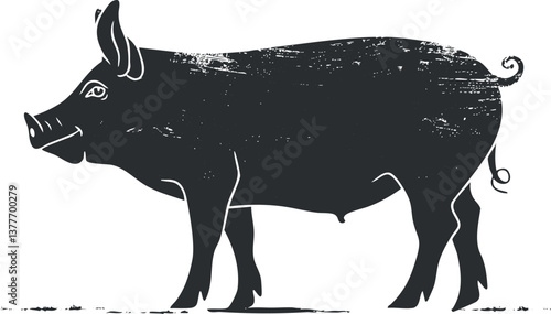 Rustic black and white silhouette illustration of a pig, ideal for farm and agriculture themes.