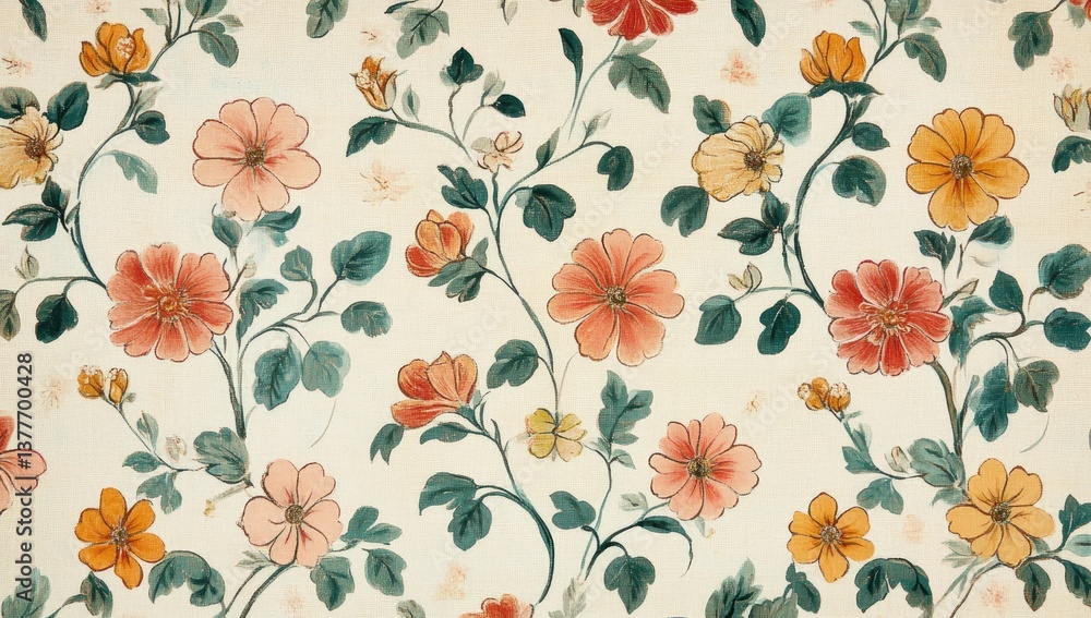 Floral pattern with various shades of pink, orange, and yellow flowers on beige background. Intricate designs with branching stems and leaves Floral pattern with various shades of pink, orange, and yellow flowers on beige background. Intricate designs with branching stems and leaves
