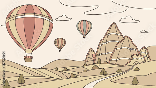 Whimsical Vector of Cappadocia with Colorful Hot Air Balloons. Perfect for: Hot Air Balloon Festival, Turkey