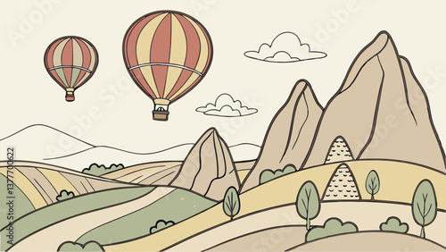 Whimsical Vector of Cappadocia with Colorful Hot Air Balloons. Perfect for: Hot Air Balloon Festival, Turkey