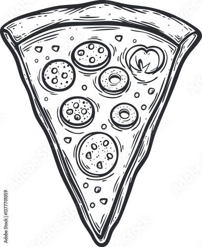 Hand-drawn black and white illustration of a pizza slice with various toppings.
