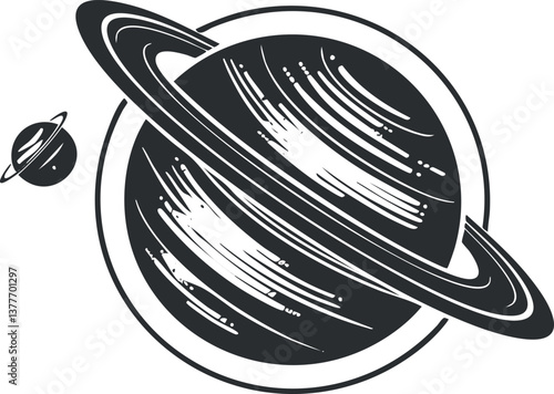 Black and white illustration of a ringed planet, reminiscent of Saturn, in outer space.
