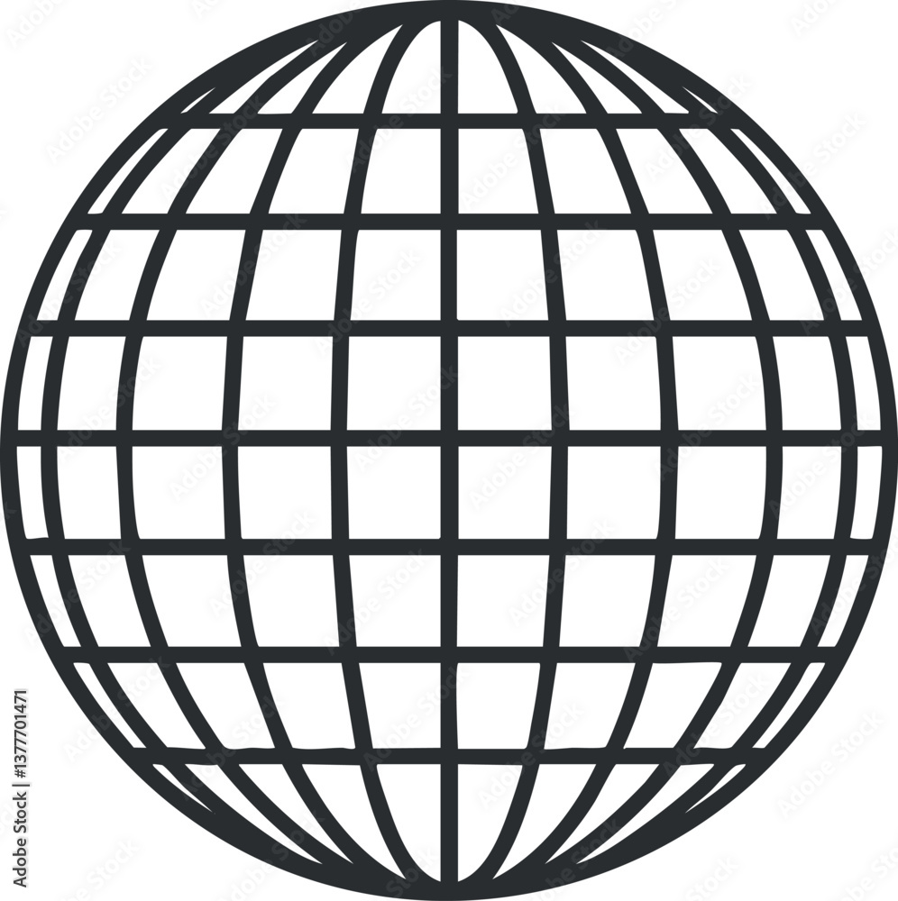 Black wireframe globe icon with grid pattern representing global connection and technology. Black wireframe globe icon with grid pattern representing global connection and technology.