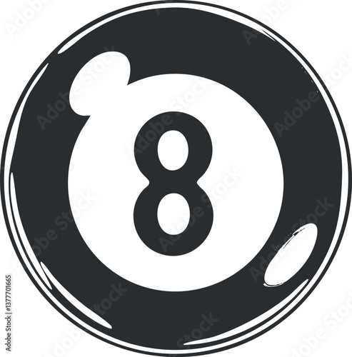 Black and white illustration of an eight ball, a classic symbol in billiards and pool games.