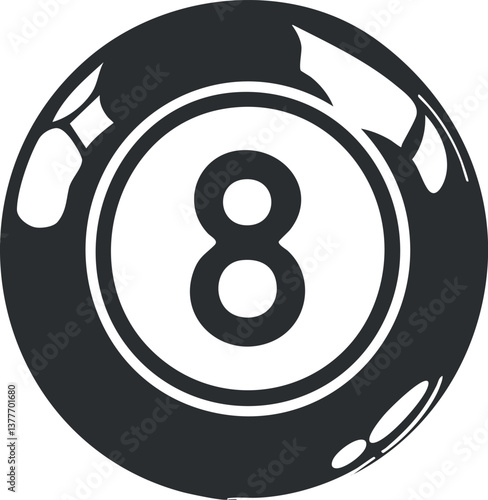 Illustration of a classic black eight ball used in billiards and pool games.