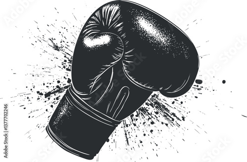 Black and white sketch of a boxing glove with ink splatter effect, symbolizing strength and power.