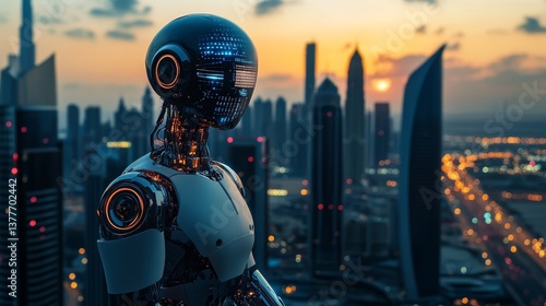 Futuristic robot overlooking modern cityscape at sunset