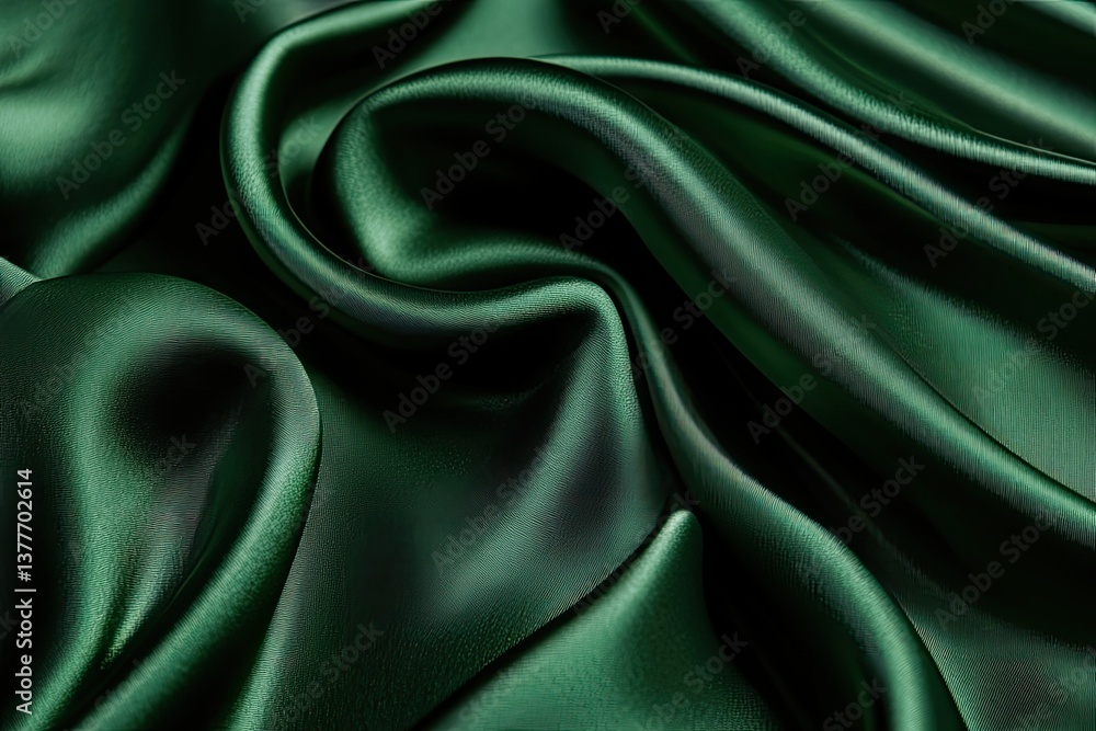 Deep emerald green silk fabric drapes in elegant folds Deep emerald green silk fabric drapes in elegant folds