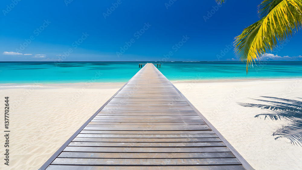 Naklejka premium Wooden pier extending into the turquoise ocean on a sunny tropical beach
