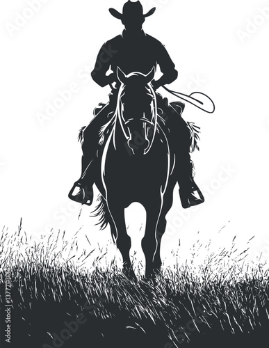 Silhouette of a cowboy riding a horse through tall grass in a western landscape.