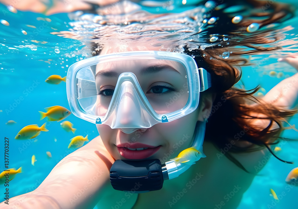 Naklejka premium Young woman snorkeling underwater surrounded by colorful fish, vibrant marine life, joyful experience