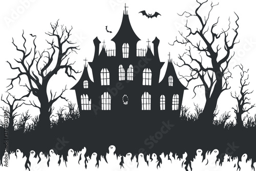 Haunted house silhouette with eerie trees and bats, perfect for Halloween and spooky themes.