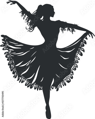 Silhouette of a graceful ballet dancer in an elegant pose with a flowing fringed skirt.