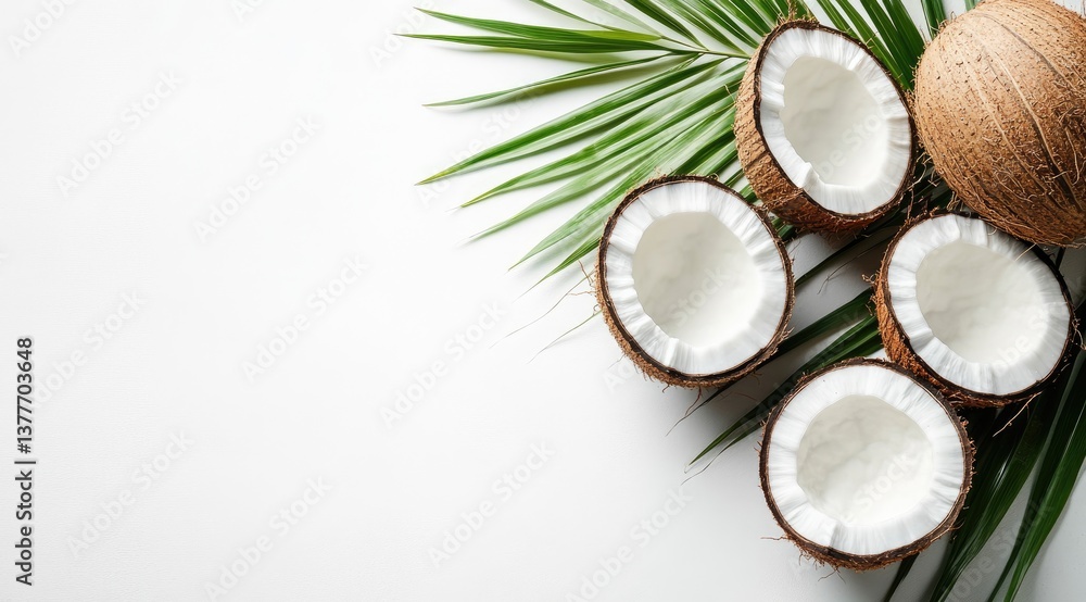 Fresh coconuts arranged on a white background with a palm leaf Fresh coconuts arranged on a white background with a palm leaf
