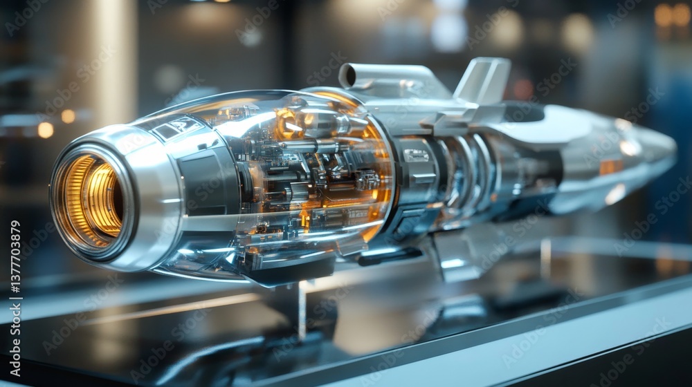 Fototapeta premium Futuristic Transparent Rocket Model with Internal Mechanics Display