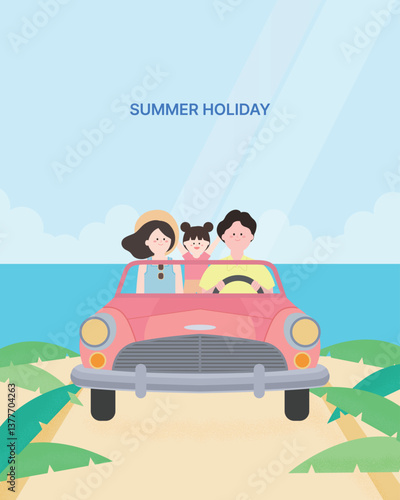 해안도로를 여행하는 행복한 가족의 여름휴가, 여름할인, 여름배너, 일러스트, Happy Family Summer Vacation Illustration with Classic Car on a Beach Road Trip.