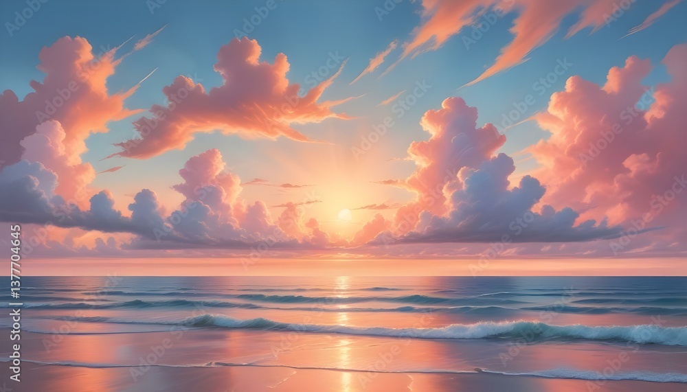 Fototapeta premium A breathtaking view of a sunset over the ocean, captured with a blend of realism and dreamy aesthetics
