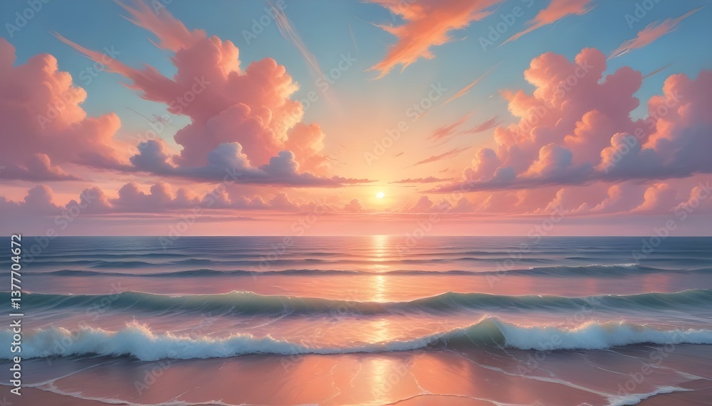 Fototapeta premium A breathtaking view of a sunset over the ocean, captured with a blend of realism and dreamy aesthetics