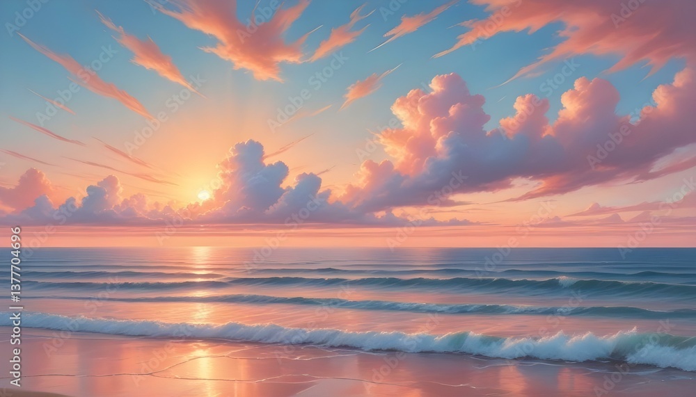 Obraz premium A breathtaking view of a sunset over the ocean, captured with a blend of realism and dreamy aesthetics