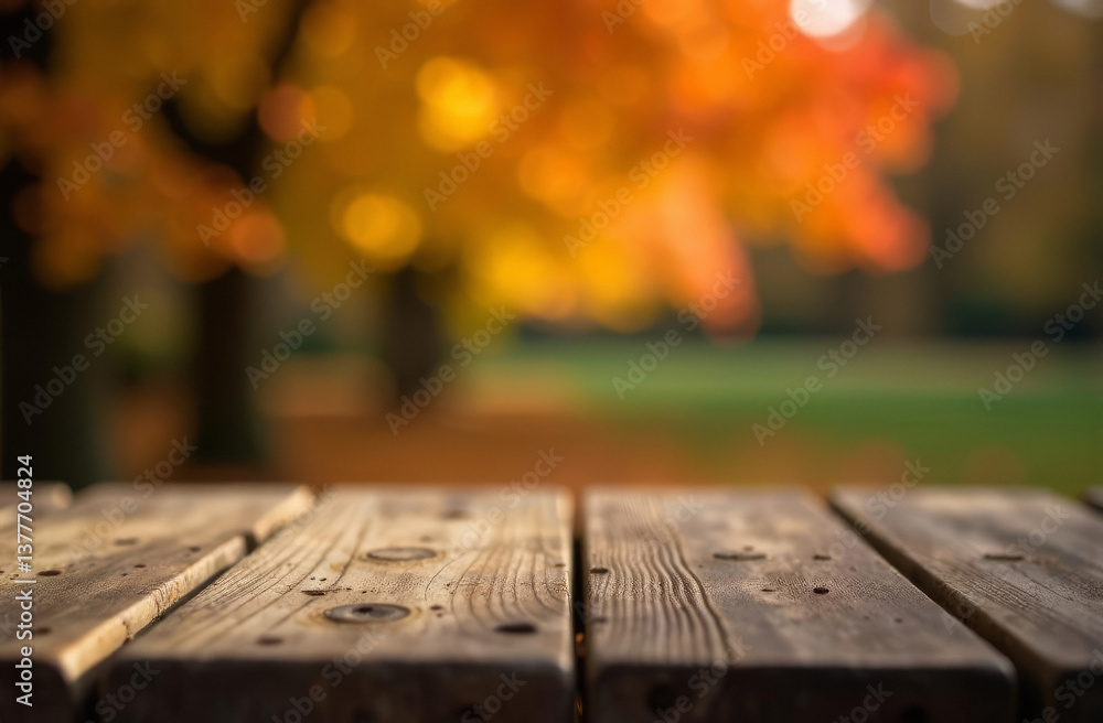 An empty table in close-up against the background of autumn leaves An empty table in close-up against the background of autumn leaves