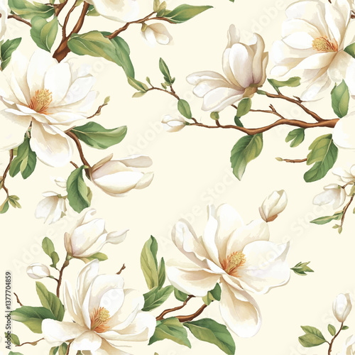 Seamless vector vintage floral pattern for gift wrap, fabric, cover and interior design with flowers. Magnolia flowers and leaves