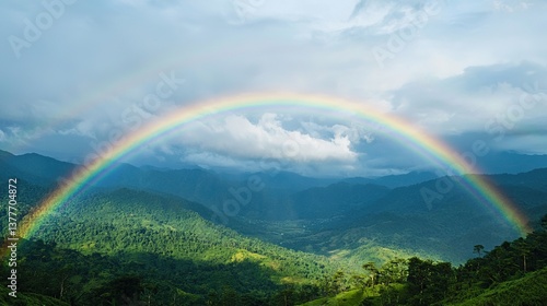 Majestic rainbow appears after heavy rainfall in lush mountains nature photography scenic view vibrant landscape