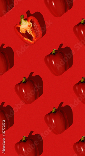 Creative seamless pattern with whole and halved red bell peppers on a vivid red background. Modern food layout with strong contrast and shadows, ideal for packaging, textile, and graphic design use. 