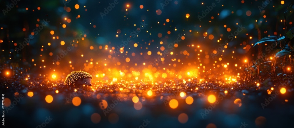 Fototapeta premium Hedgehog at Night, Magical Forest, Sparkling Lights