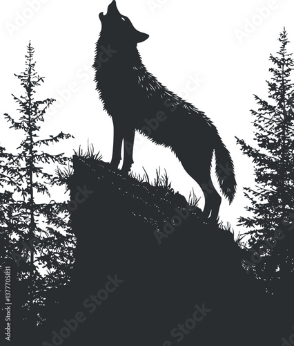 Silhouette of a howling wolf on a rock surrounded by trees in a forest at night.