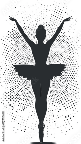 Elegant silhouette of a ballerina performing on stage with a dotted artistic background.