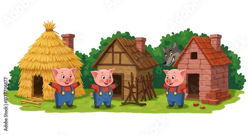 Three Little Pigs Fairytale Illustration featuring adorable pigs houses and a sneaky wolf on a transparent background