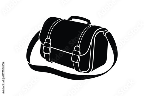 Silhouette art design of a camera bag with a sturdy strap.eps