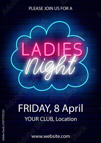 Ladies night neon poster. Girls only. Vertical template flyer. Free enter for female. Vector stock illustration
