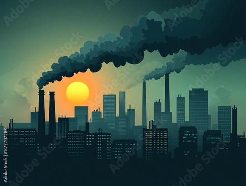 Factory emitting smoke at sunset urban landscape digital art industrial environment distant view environmental impact