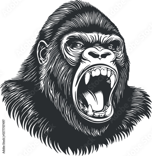 Black and white illustration of a roaring gorilla with an intense expression and detailed fur.
