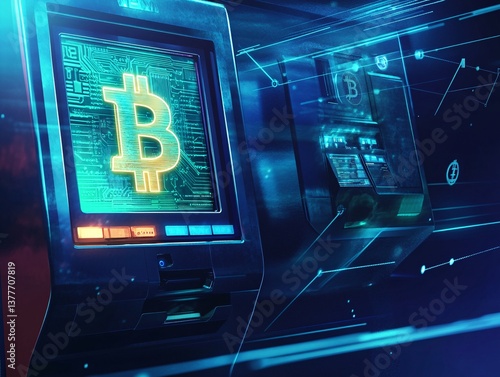Futuristic bitcoin atm concept digital finance innovation cryptocurrency hub virtual environment close-up view tech advancement