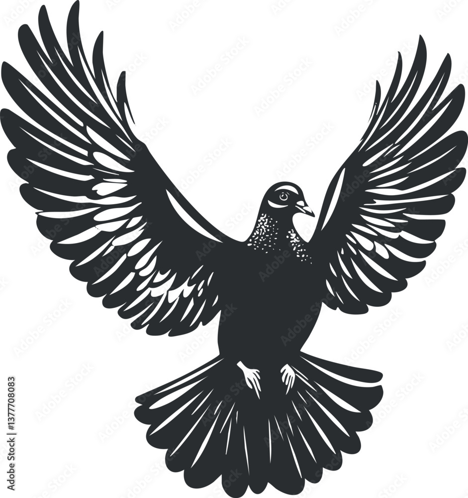 Fototapeta premium Silhouette of a dove in flight with outstretched wings, symbolizing peace and freedom.