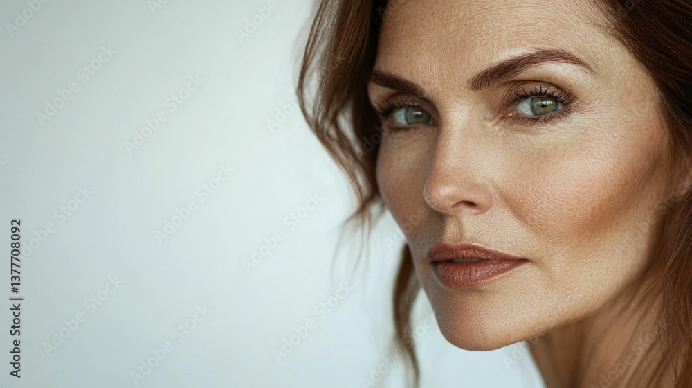 Fototapeta premium A portrait of a beautiful Caucasian woman, 50 years old, with dark hair and smooth facial skin, photographed against a white studio background with ample copy space