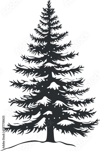 Silhouette of a pine tree with snow, depicting a minimalist winter scene in black and white.