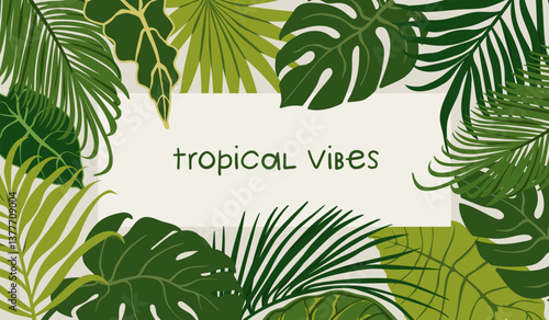 Tropical jungle leaves, green framed background. Leaf plants, nature, organic leafy foliage decoration, modern botanical banner. Lush greenery, exotic floral backdrop. Flat vector illustration
