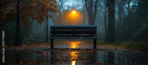 Empty park bench in autumn rain