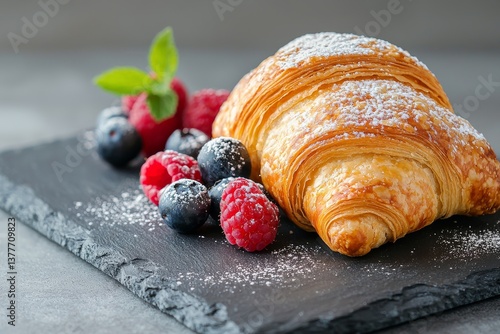 Wallpaper Mural Flaky Croissant with Fresh Berries and Powdered Sugar on Slate Plate Torontodigital.ca