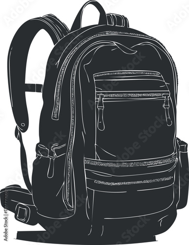 Black and white illustration of a backpack with multiple pockets and adjustable straps.