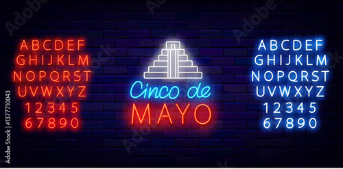Cinco de Mayo neon sign. Mexican traditional holiday in May. Maya pyramid. Vector stock illustration
