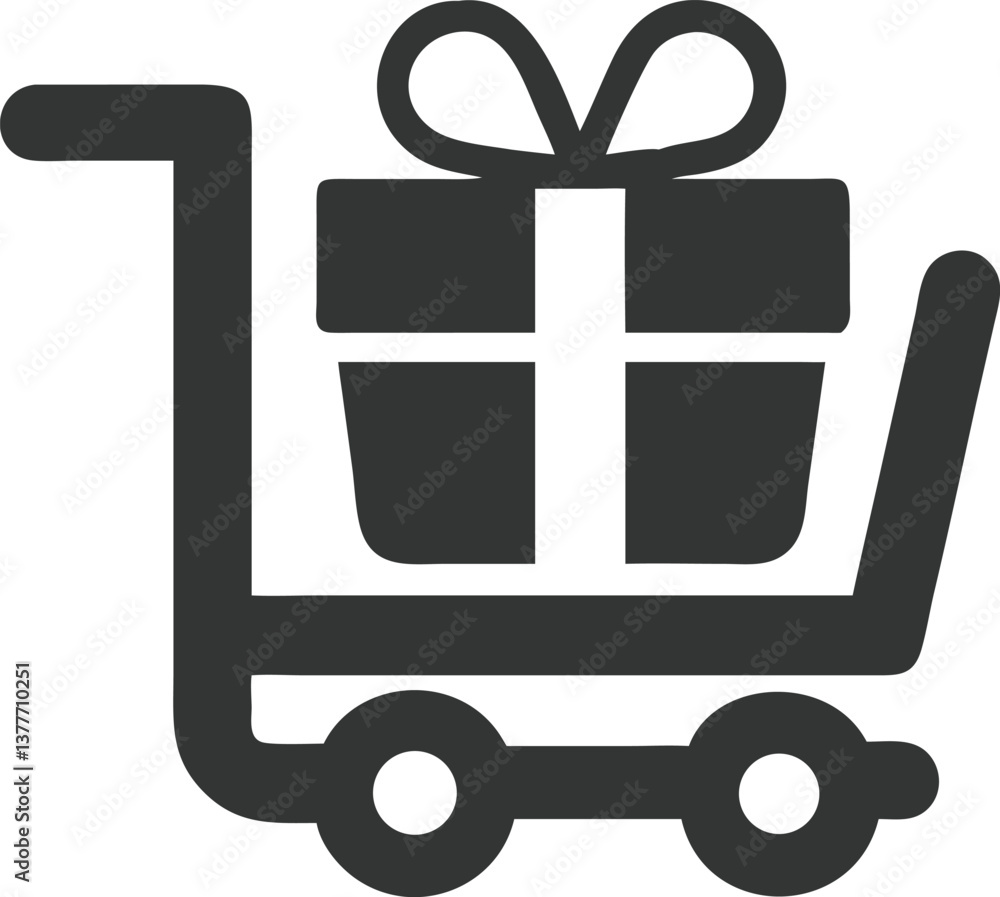 Shopping Cart with Present Box Icon, Black Silhouette on Transparent Background Shopping Cart with Present Box Icon, Black Silhouette on Transparent Background