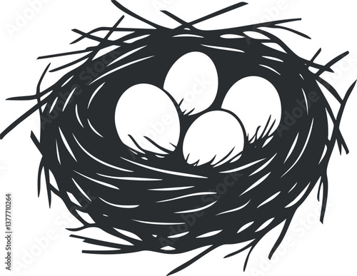 Black and white illustration of a bird's nest with four eggs, emphasizing natural simplicity.