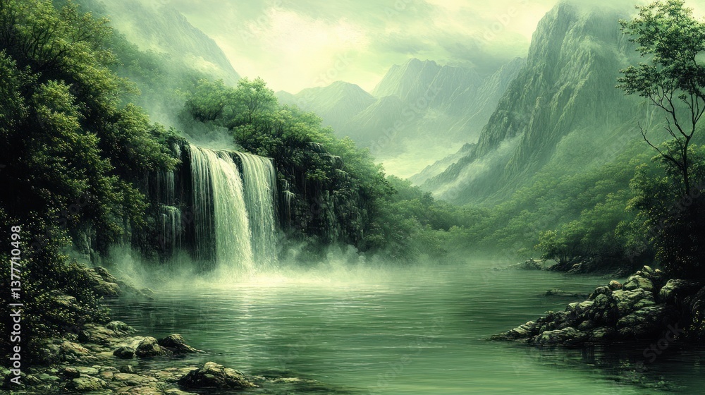 Fototapeta premium Misty Mountain Waterfall, Lush Valley, Peaceful Scene