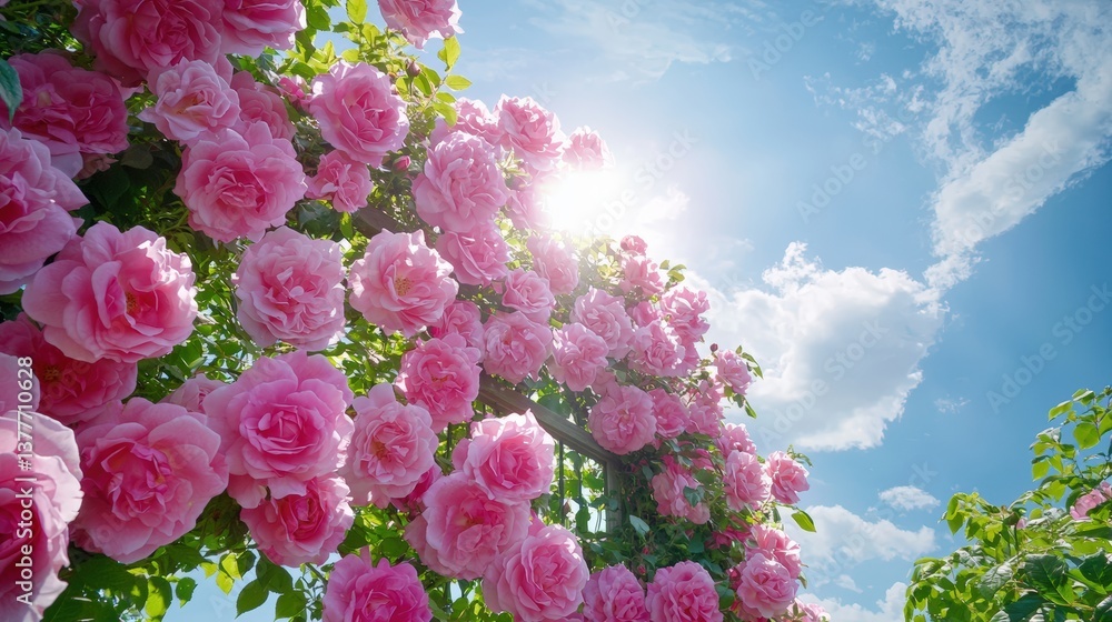 Fototapeta premium A vintage garden gate covered in climbing roses, providing an elegant spring setting with blank areas for branding messages,