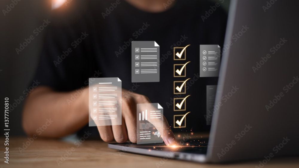 Accountant showing office document auditing concept ,plan review process and assess correctness ,Management of important document storage of organization ,document system ,accountant Audit documents