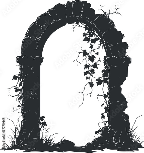 Silhouette of a gothic stone archway overgrown with ivy, evoking a mystical, ancient atmosphere.